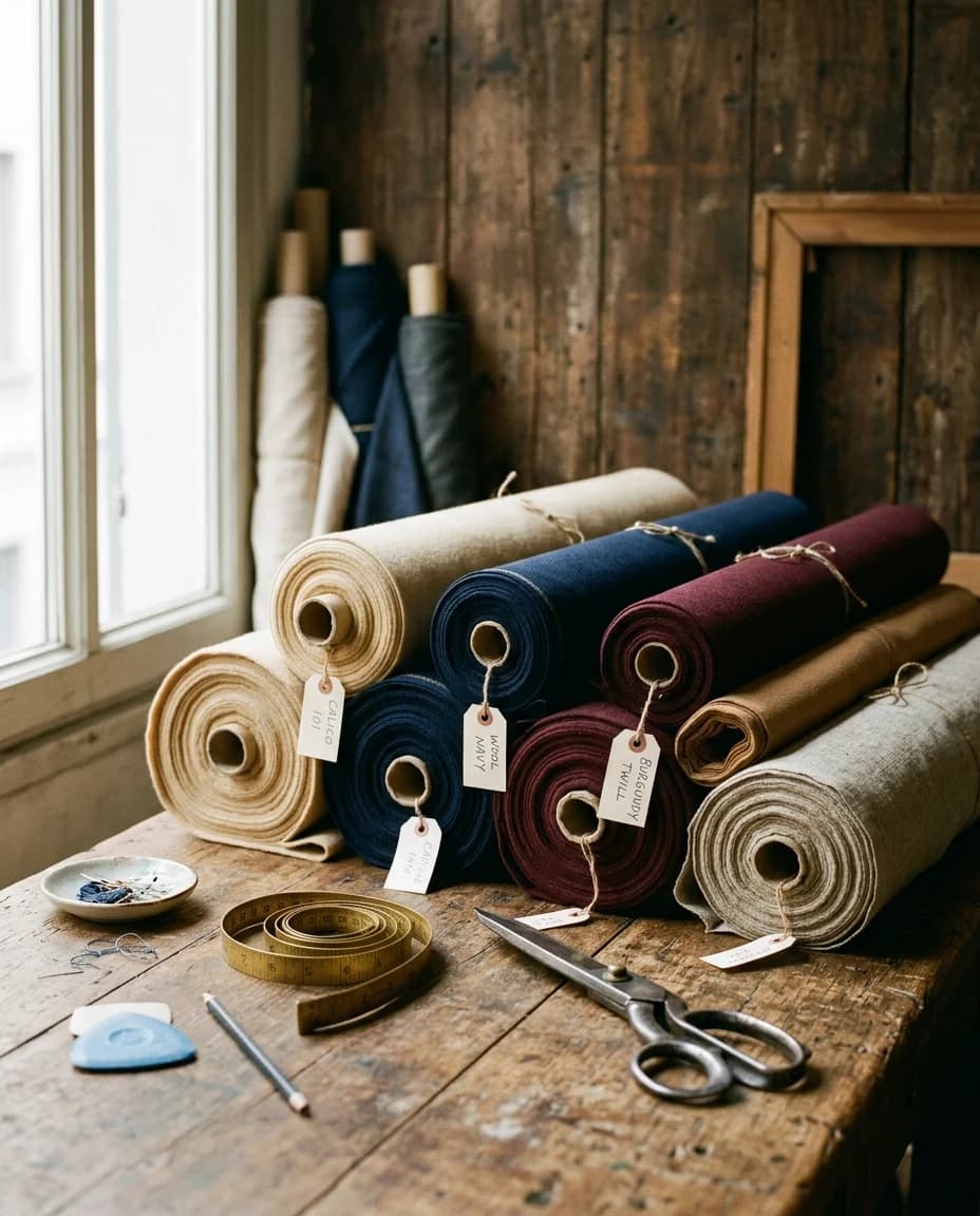 Atelier in Mailand, Stoffrollen und Werkzeuge